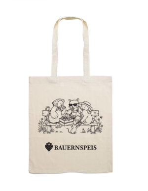 Naturfarbenes Bauernspeis-Sackerl mit langen Henkeln, schwarzem Tiermotiv und Bauernspeis-Logo.